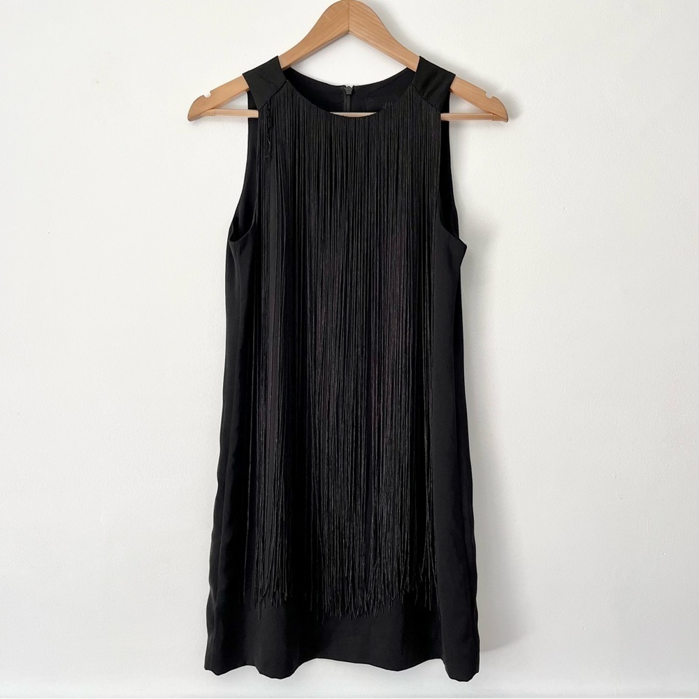 H&M Black Fringe Sleeveless Mini Shift Dress Size 6